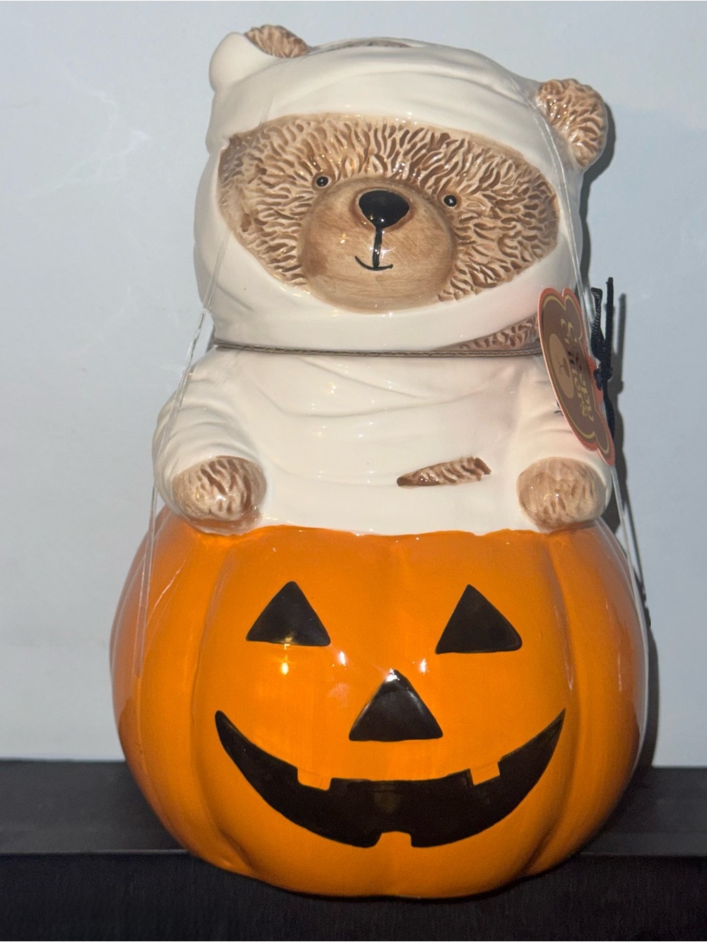 Creepy critters Bear in White Mummy Costume with Orange Jack-O'-Lantern